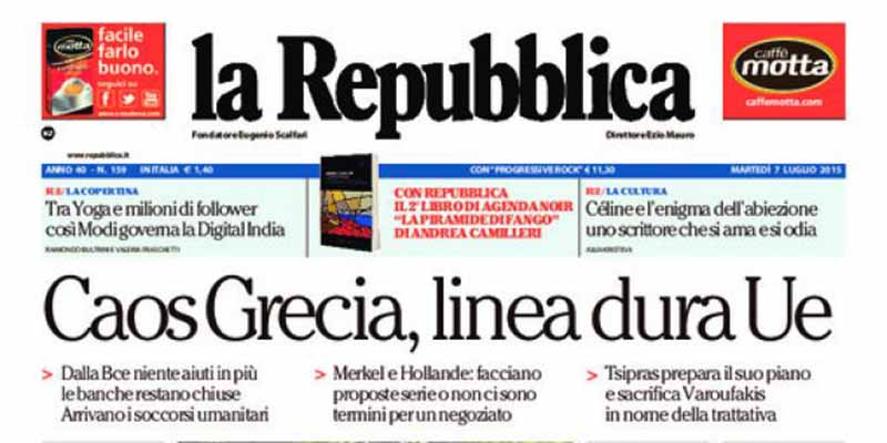 Le prime pagine di martedì 7 luglio 2015