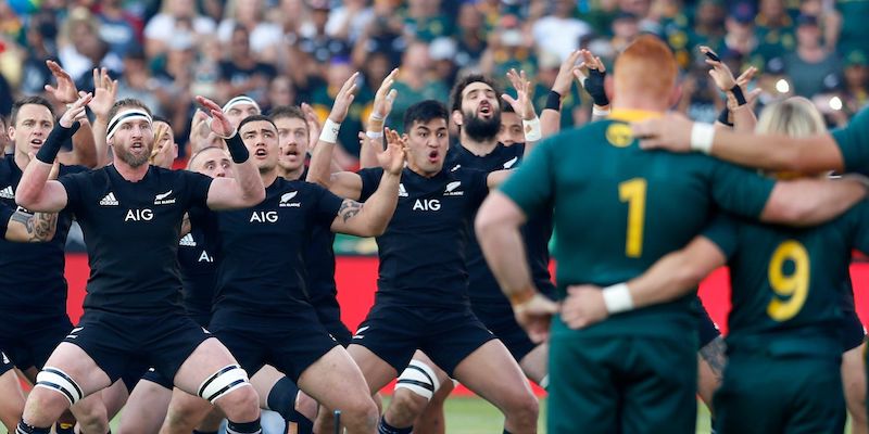 I giocatori della Nuova Zelanda eseguono l'haka prima della partita del Quattro Nazioni contro il Sudafrica (GIANLUIGI GUERCIA / AFP)