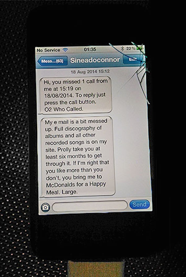 Sinead O’Connor’s texts to the author.