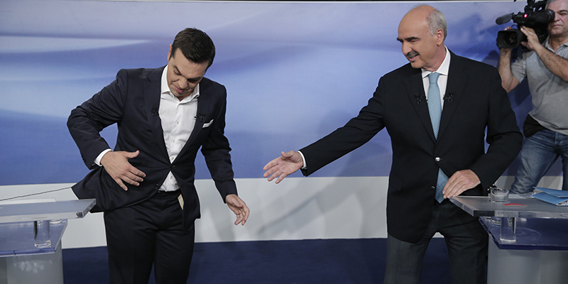 Alexis Tsipras e Vangelis Meimarakis, 14 settembre 2015 (AP Photo/Lefteris Pitarakis)
