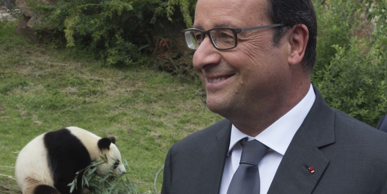 Il presidente francese Francois Hollande davanti a un panda gigante allo zoo di Beauval, a Saint-Aignan-sur-Cher, in Francia, l'11 settembre 2015. (PHILIPPE WOJAZER/AFP/Getty Images)