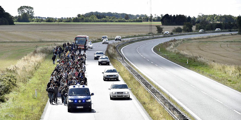 Migranti in marcia per raggiungere a piedi la Svezia dalla Danimarca (EPA/BAX LINDHARDT DENMARK OUT)