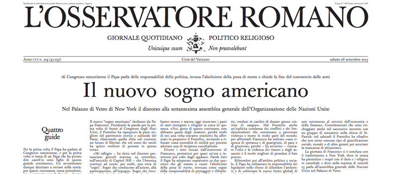 Le prime pagine di sabato 26 settembre 2015