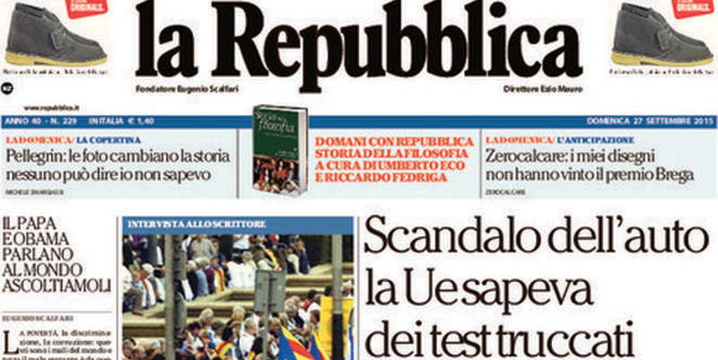 Le prime pagine di domenica 27 settembre 2015