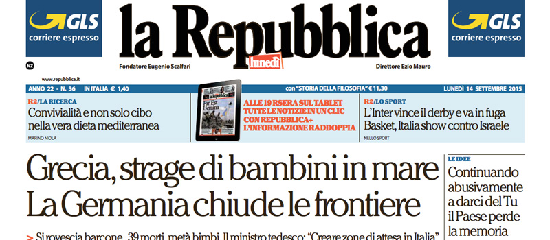 Le prime pagine di lunedì 14 settembre 2015