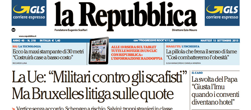 Le prime pagine di martedì 15 settembre 2015