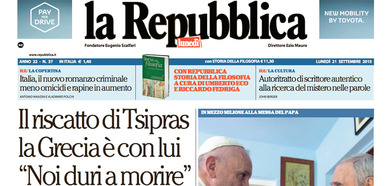 Le prime pagine di lunedì 21 settembre 2015