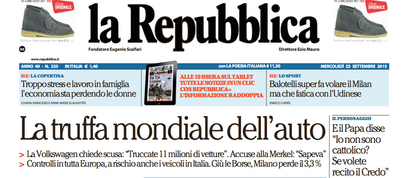 Le prime pagine di mercoledì 23 settembre 2015