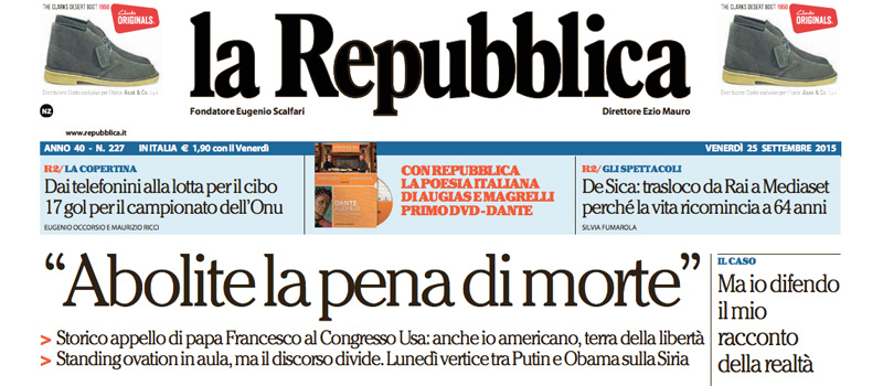 Le prime pagine di venerdì 25 settembre 2015