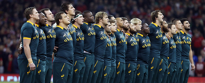 I giocatori della nazione sudafricana di rugby cantano l'inno prima della partita contro il Galles dello scorso novembre, a Cardiff (Steve Haag/Gallo Images/Getty Images)