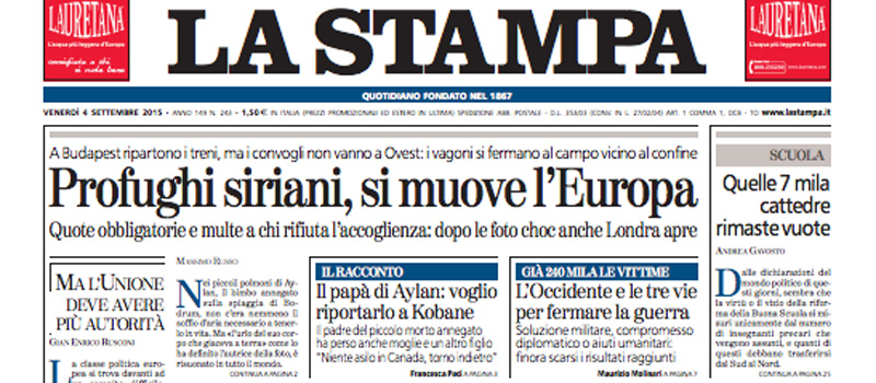 Le prime pagine di venerdì 4 settembre 2015
