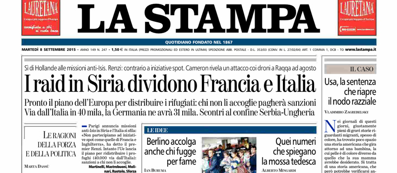 Le prime pagine di martedì 8 settembre 2015