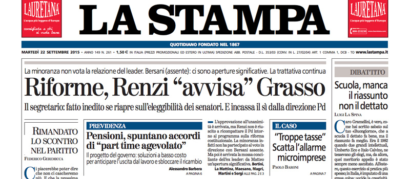 Le prime pagine di martedì 22 settembre 2015