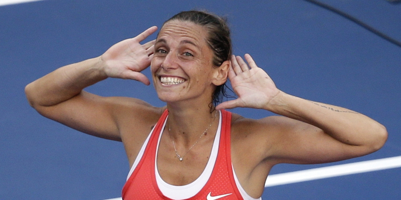 Roberta Vinci, of Italy, reacts to the crowd after beating Serena Williams during a semifinal match at the U.S. Open tennis tournament, Friday, Sept. 11, 2015, in New York. (AP Photo/Seth Wenig)