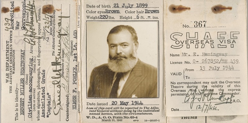 La carta di identità di Hemingway, rilasciata nel maggio del 1944.
(The Ernest Hemingway Photograph, Collection. John F. Kennedy Presidential Library and Museum)