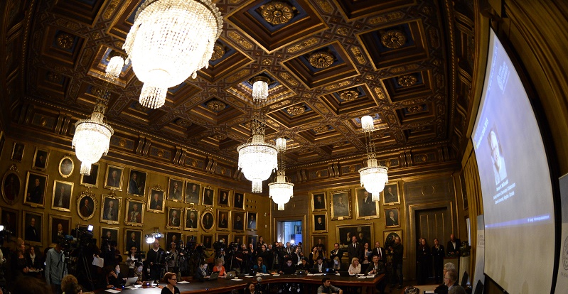 La sala stampa dove verrà annunciato il vincitore del Nobel. AFP PHOTO / JONATHAN NACKSTRAND