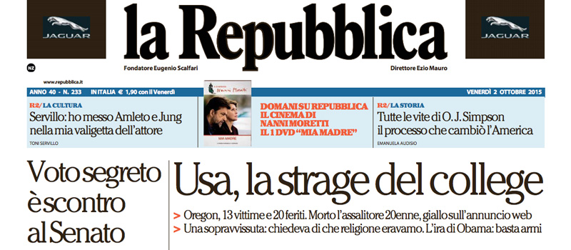 Le prime pagine di venerdì 2 ottobre 2015