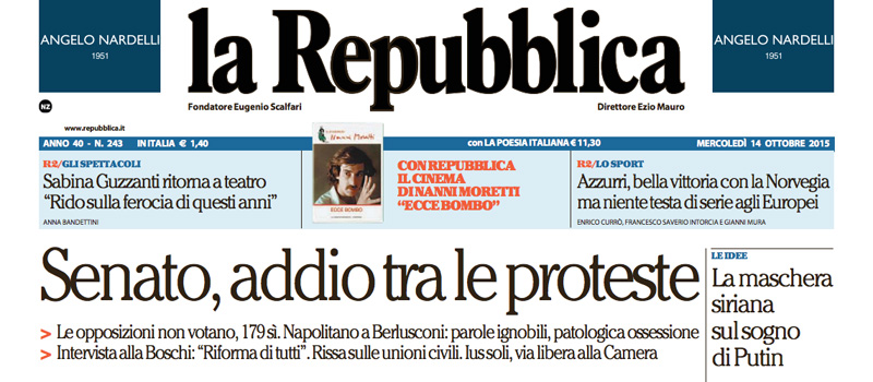 Le prime pagine di mercoledì 14 ottobre 2015