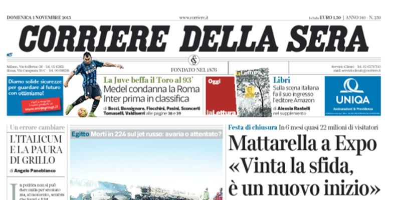 Le prime pagine di domenica 1 novembre 2015