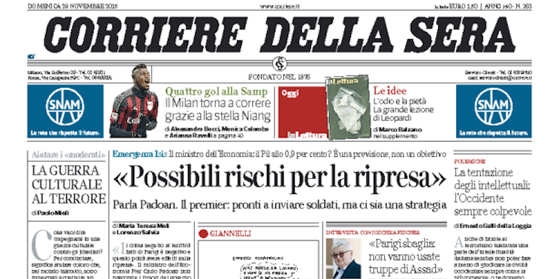 Le prime pagine di domenica 29 novembre 2015