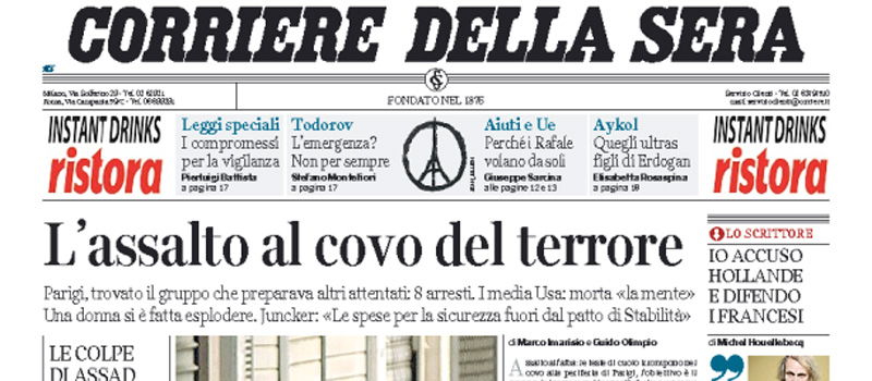 Le prime pagine di giovedì 19 novembre 2015