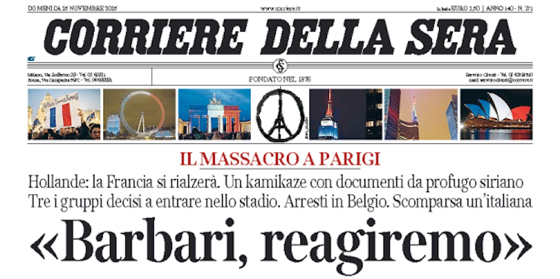 Le prime pagine di domenica 15 novembre 2015