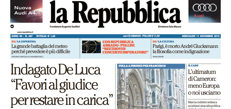 Le prime pagine di mercoledì 11 novembre 2015