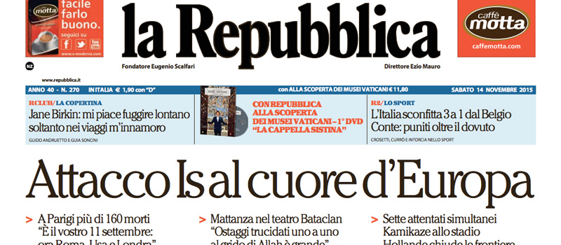 Le prime pagine di sabato 14 novembre 2015