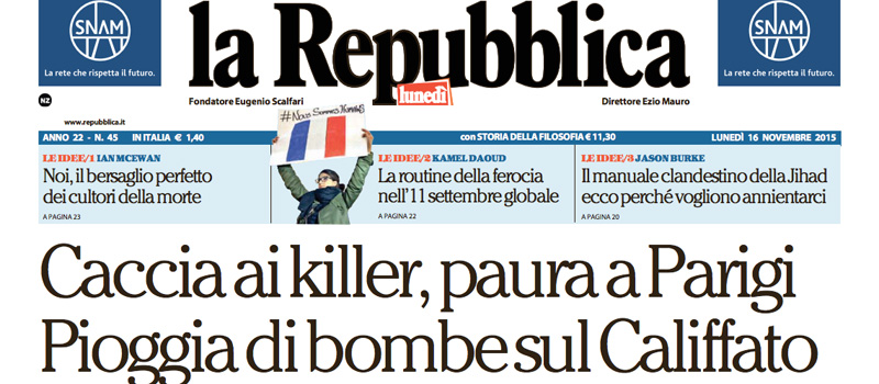 Le prime pagine di lunedì 16 novembre 2015