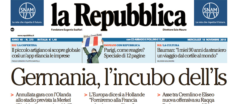 Le prime pagine di mercoledì 18 novembre 2015