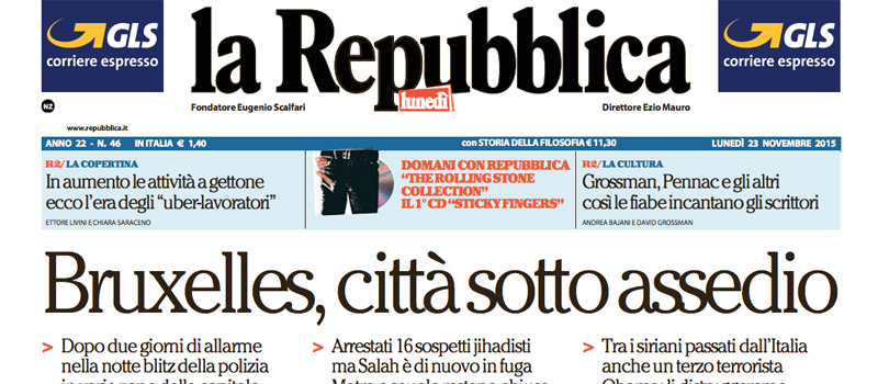 Le prime pagine di lunedì 23 novembre 2015