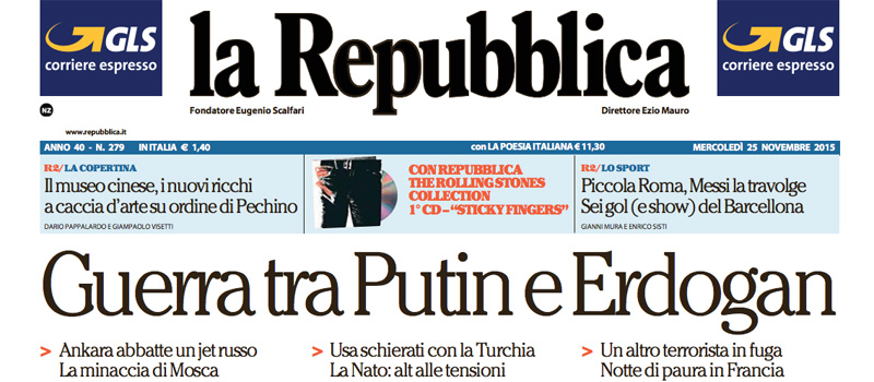 Le prime pagine di mercoledì 25 novembre 2015