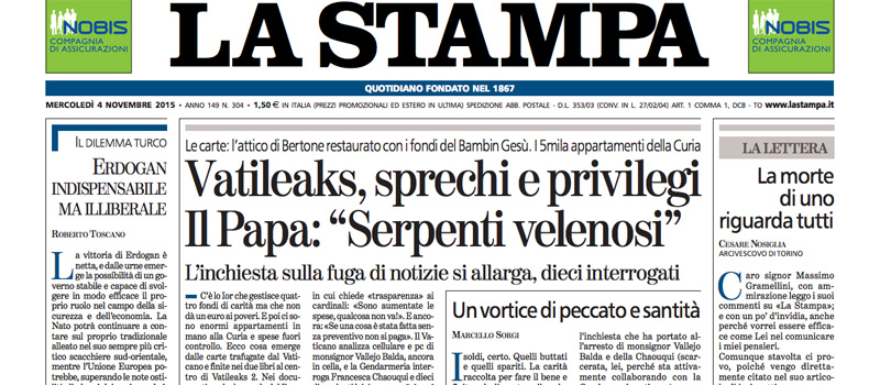 Le prime pagine di mercoledì 4 novembre 2015