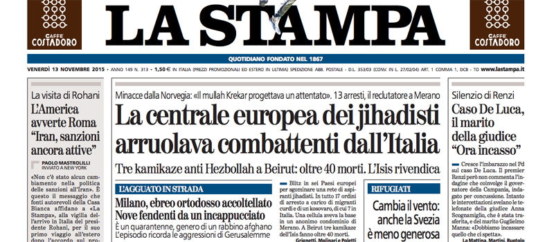 Le prime pagine di venerdì 13 novembre 2015