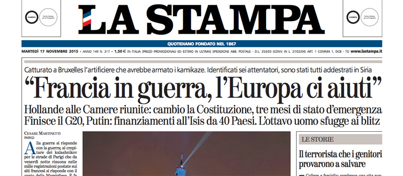 Le prime pagine di martedì 17 novembre 2015