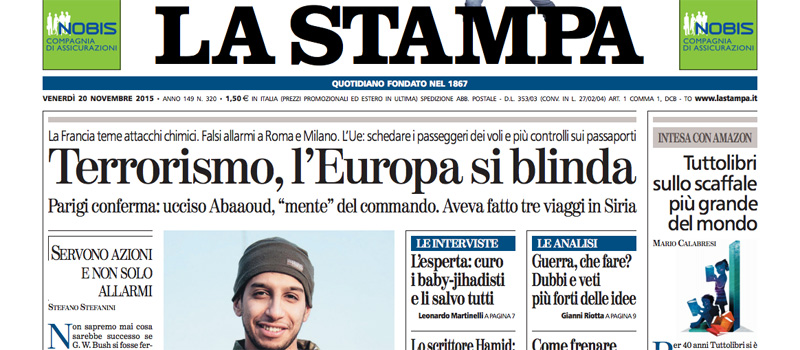 Le prime pagine di venerdì 20 novembre 2015