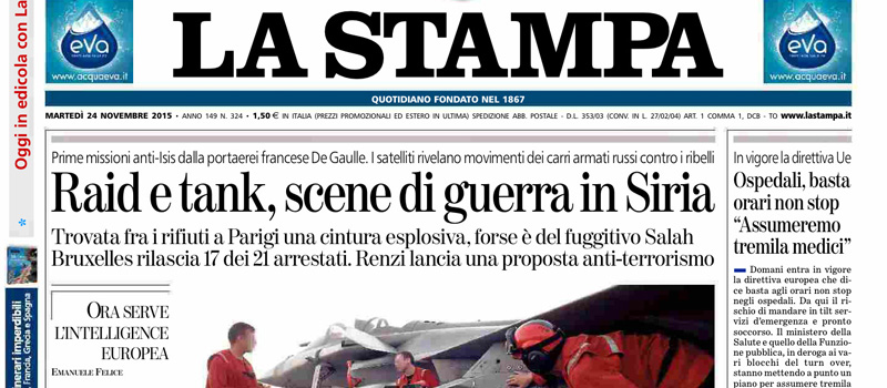 Le prime pagine di martedì 24 novembre 2015