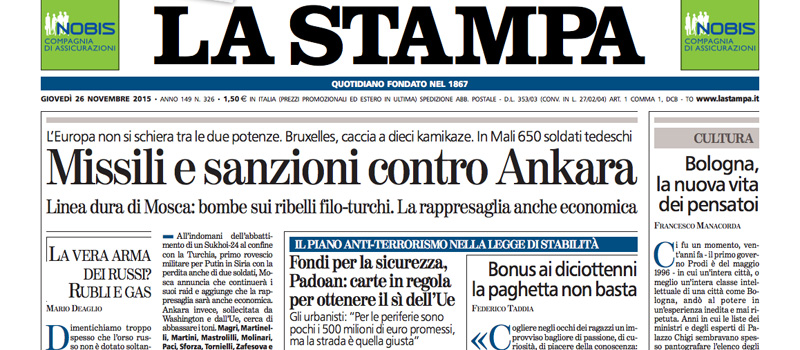 Le prime pagine di giovedì 26 novembre 2015