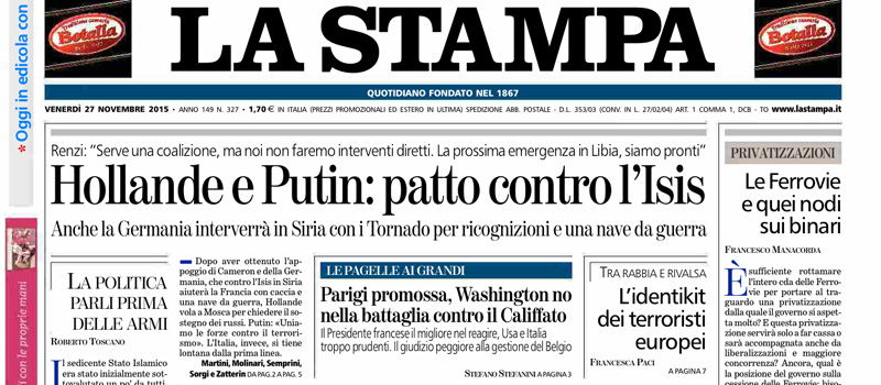 Le prime pagine di venerdì 27 novembre 2015