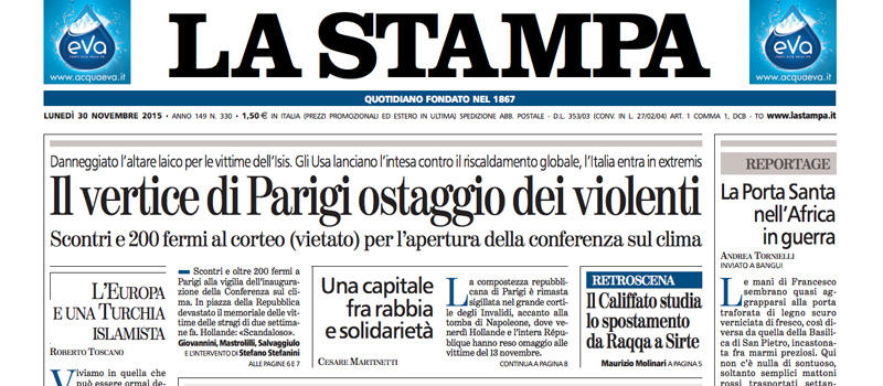 Le prime pagine di lunedì 30 novembre 2015