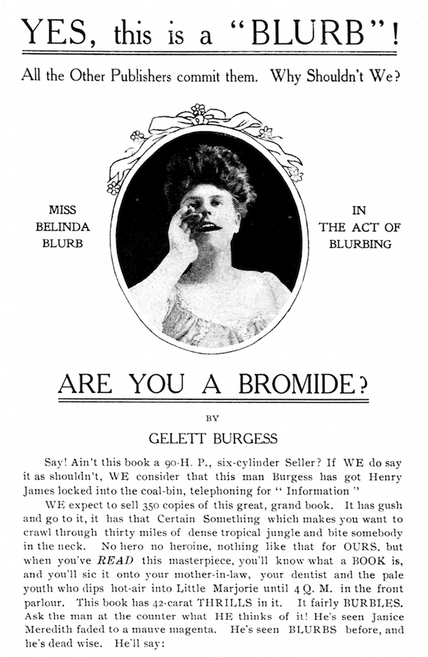 La copertina di "Are you a Bromide?" di Gelett Burgess, 1906. L'atto di nascita del termine "blurb"