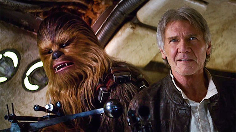 Chewbacca and Han Solo in a still from the Star Wars: The Force Awakens trailer.