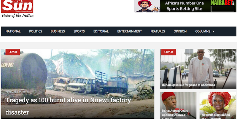 La homepage del Sun, giornale nigeriano.
