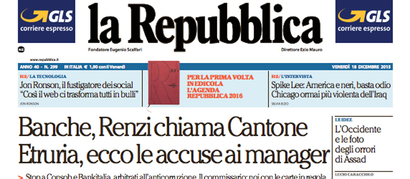 Le prime pagine di venerdì 18 dicembre 2015