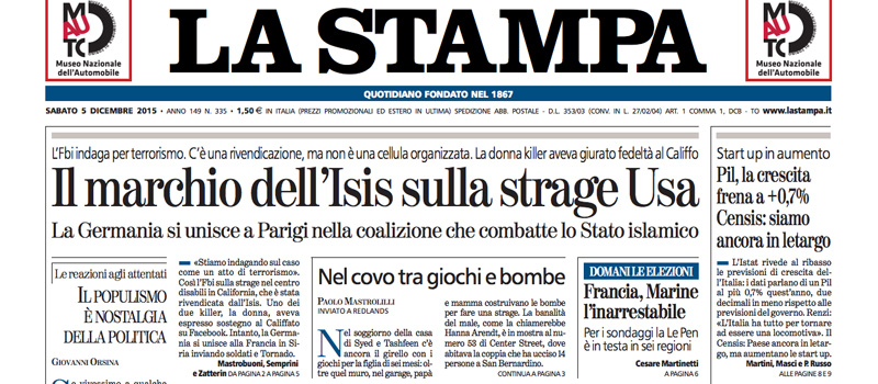 Le prime pagine di sabato 5 dicembre 2015