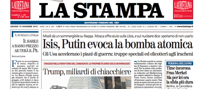 Le prime pagine di giovedì 10 dicembre 2015