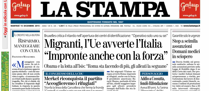 Le prime pagine di martedì 15 dicembre 2015