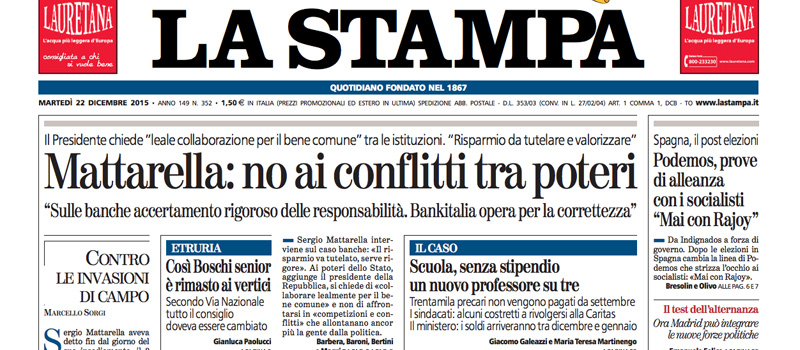 Le prime pagine di martedì 22 dicembre 2015