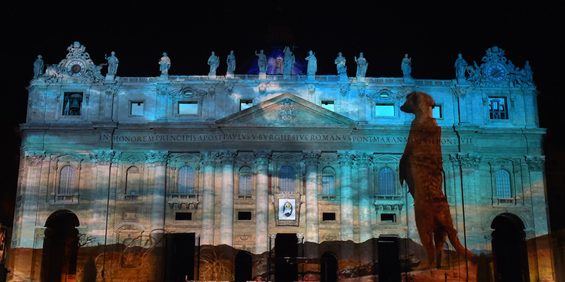 La facciata della basilica di San Pietro illuminata durante l'evento "Fiat Lux", dedicato al tema del cambiamento climatico (Eric Vandeville/ABACAPRESS.COM)
