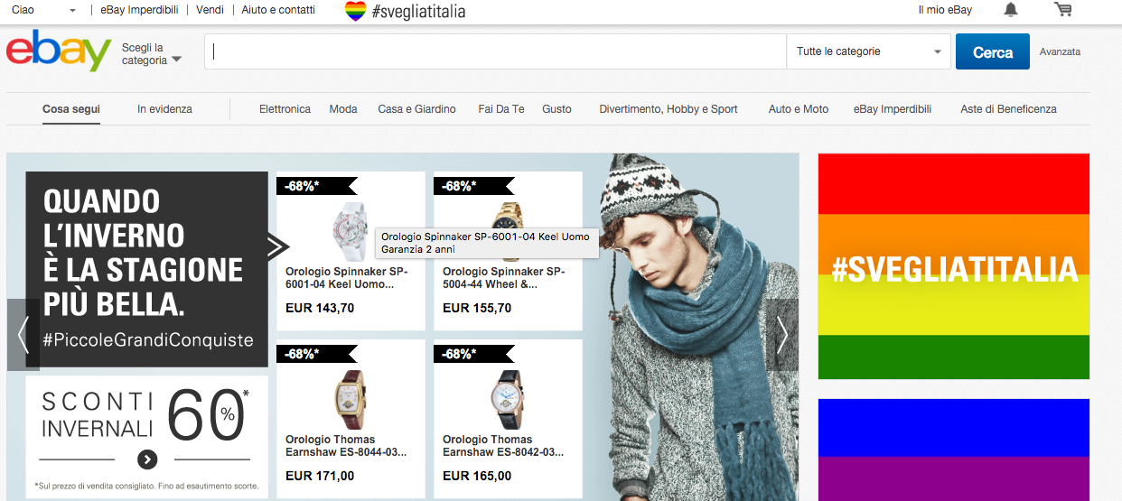 La homepage di eBay per #svegliatitalia e le unioni civili
